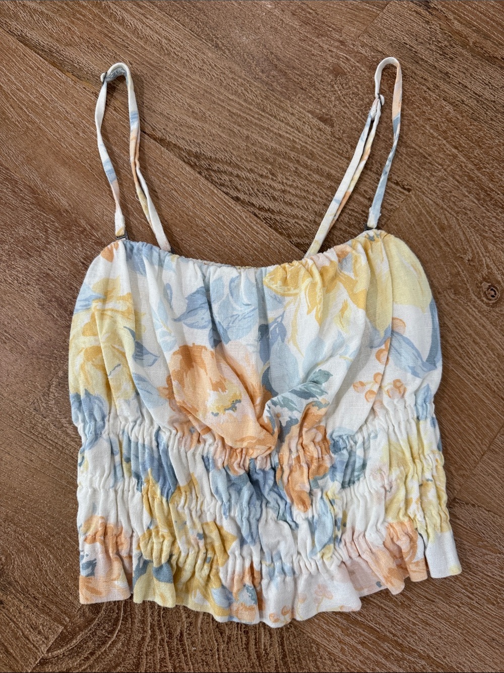 Abercrombie & Fitch Pastel Floral Smocked Linen Blend Cami in Yellow & Blue